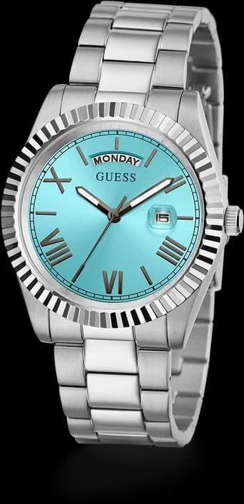 Cadran Guess GW0265G11 avec index bâtons argentés, aiguilles type baton, date à 3h, fond turquoise texturé
