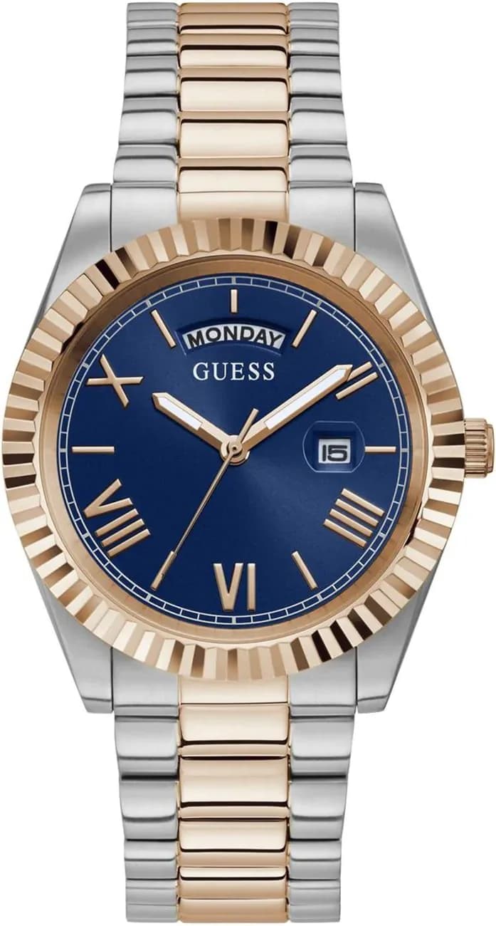 Montre Guess GW0265G12 au cadran bleu soleil, index appliqués et aiguilles bicolores, style chic et moderne