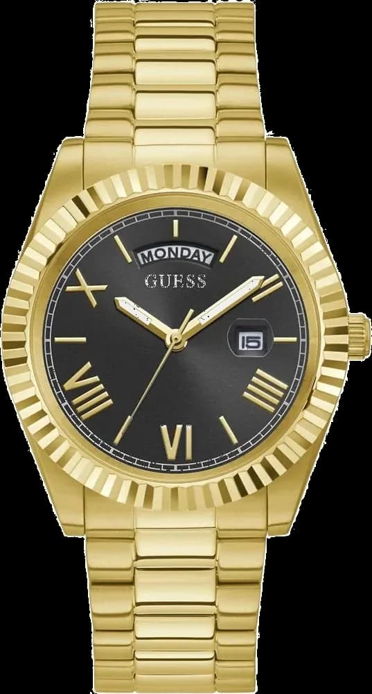 Montre Guess GW0265G3 avec cadran noir, index dorés et aiguilles bâton sur fond soleillé