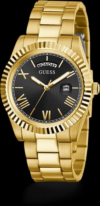 Cadran Guess GW0265G3 au design épuré, index appliqués dorés et guichet date à 3h