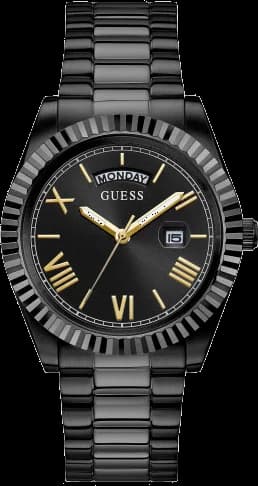 Montre Guess GW0265G4 en acier noir avec cadran noir texturé et index dorés, style élégant et moderne