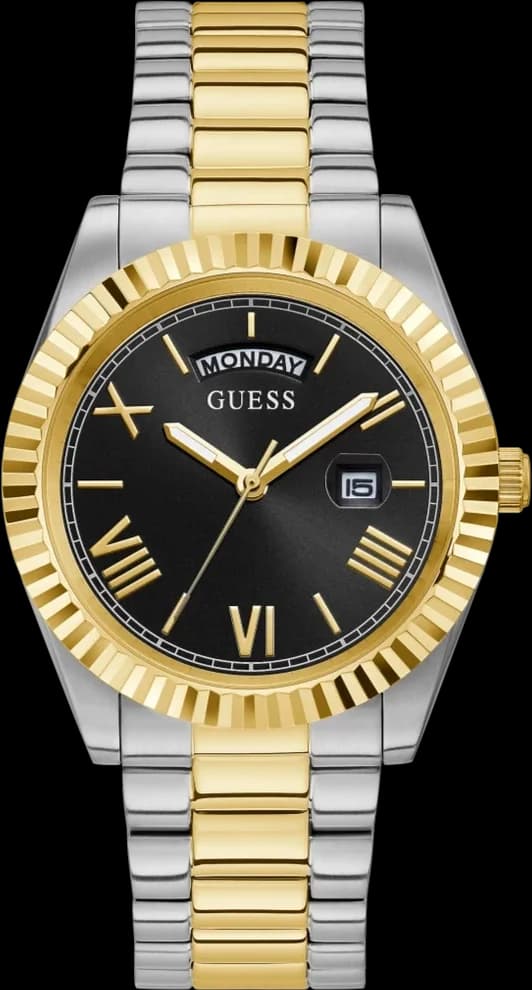 Montre Guess GW0265G5 au cadran blanc et index dorés, style classique chic bicolore argent et or