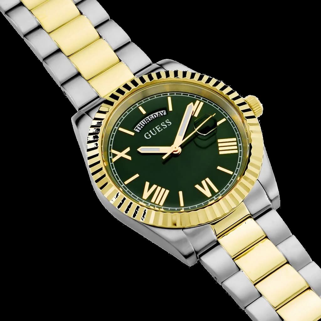 Cadran Guess GW0265G8 avec index appliqués, aiguilles bicolores et guichet date à 3h