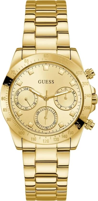Montre Guess GW0314L2 avec cadran éclatant blanc et index dorés sur fond soleil