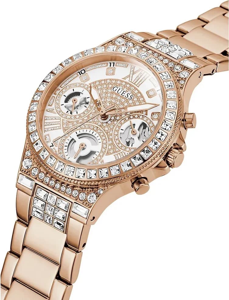 Cadran Guess GW0320L3 avec index dorés, aiguilles fines et date à 4h, complications minimalistes