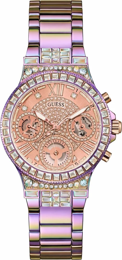 Montre Guess GW0320L4 au cadran blanc nacré, aiguilles dorées et index strass, style élégant