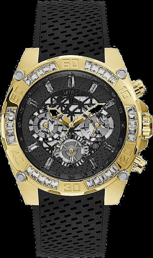 Montre Guess GW0333G2 au cadran noir intense, aiguilles dorées et index bâton pour un style élégant et sportif