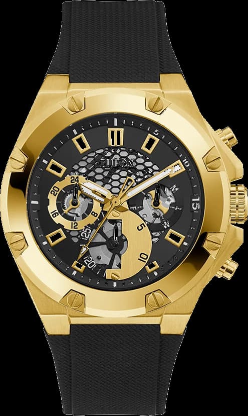 Montre Guess GW0334G2 au cadran noir soleillé avec index dorés et aiguilles dorées, style moderne et élégant