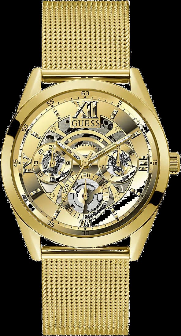 Montre Guess GW0368G2 avec cadran noir soleil et aiguilles dorées, style élégant et moderne