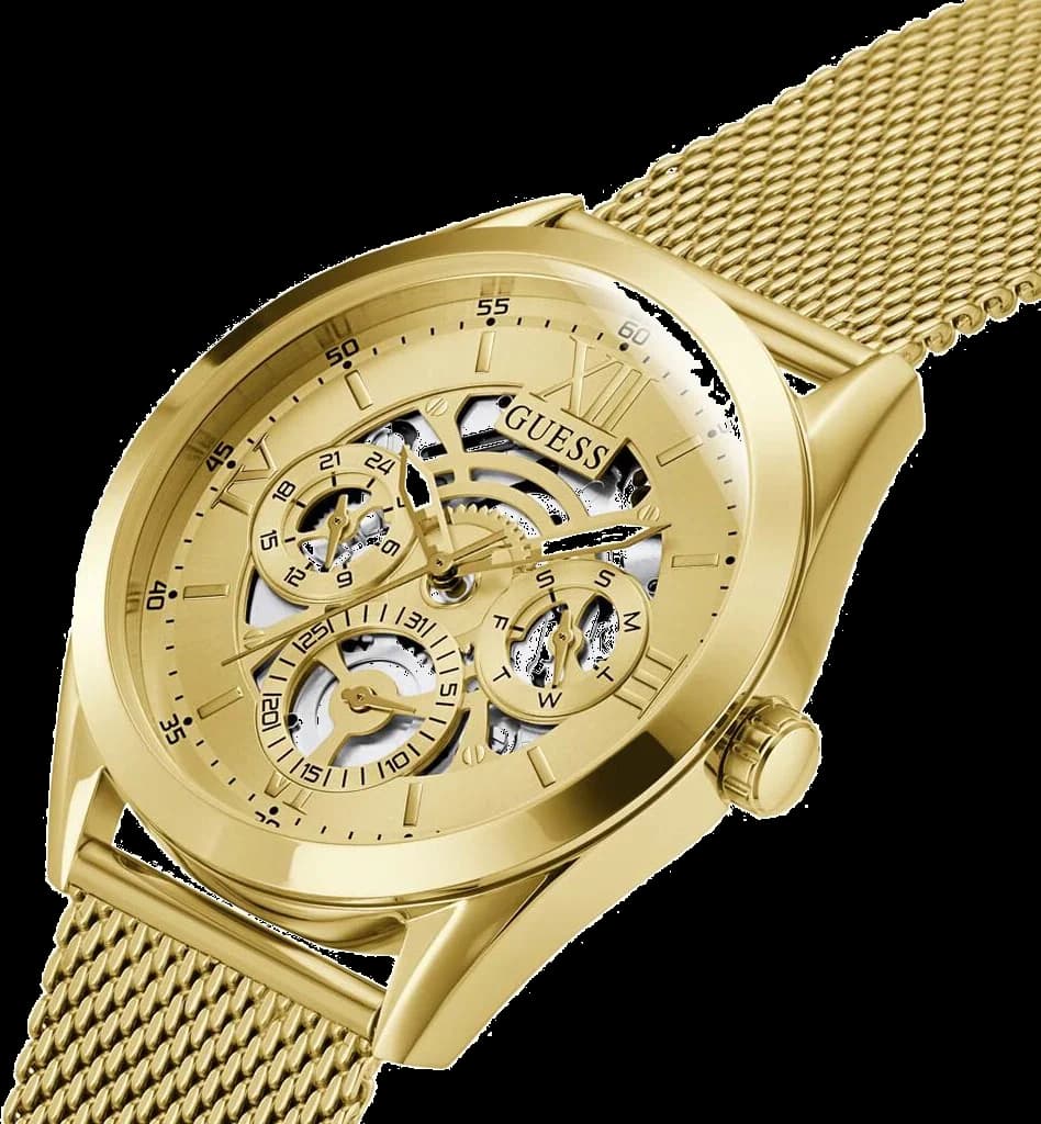Cadran Guess GW0368G2 avec index bâtons dorés et aiguilles facettées, date à 3h, cadran noir texturé