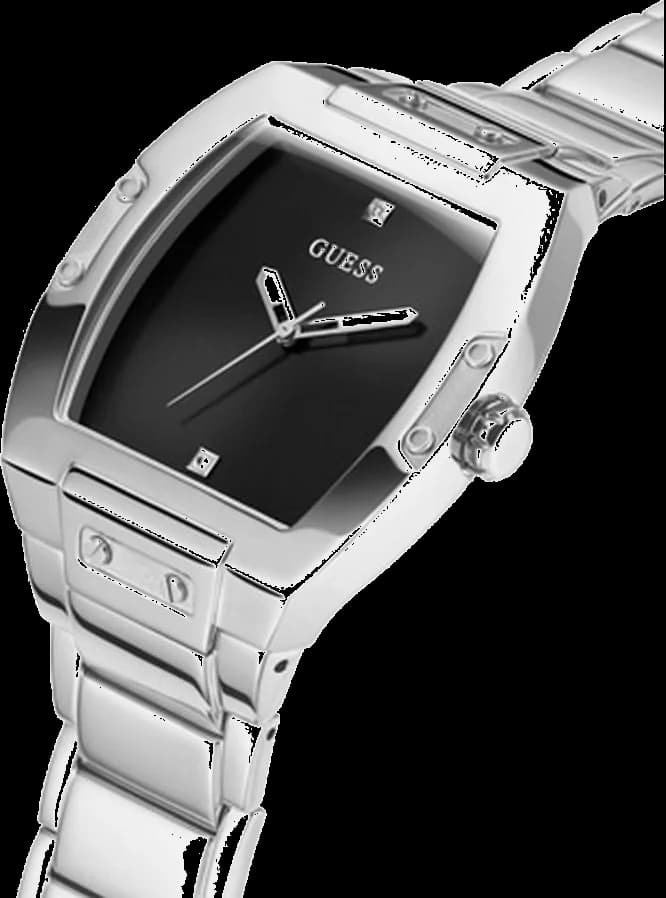 Cadran Guess GW0387G1 noir avec index bâtons et aiguilles argentées, date à 3h