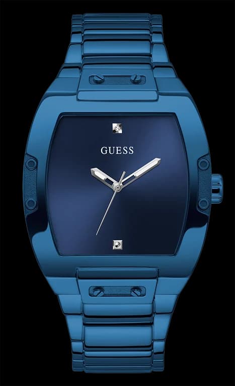 Montre Guess GW0387G4 avec cadran bleu soleil et aiguilles argentées sur fond bleu profond