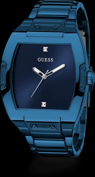 Cadran Guess GW0387G4 aux index bâtons argentés et aiguilles luminescentes sur fond bleu texturé