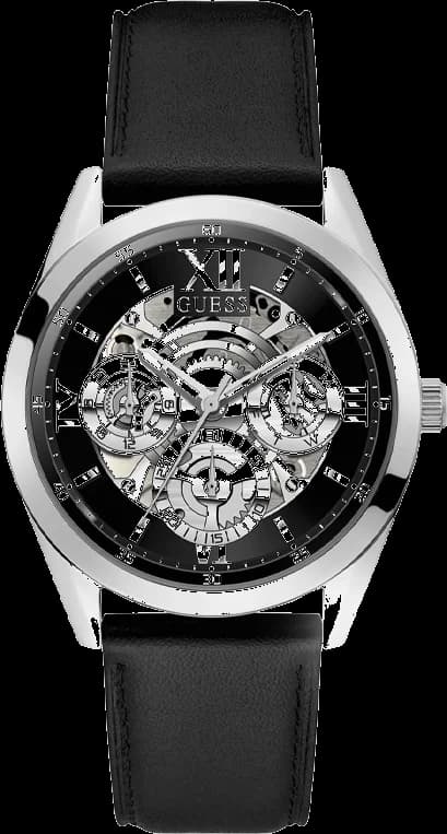 Montre Guess GW0389G1 avec cadran squeletté noir et aiguilles dorées sur fond ouvert