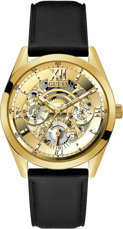 Montre Guess GW0389G2 avec cadran doré et aiguilles argentées sur fond soleil, style chic et lumineux