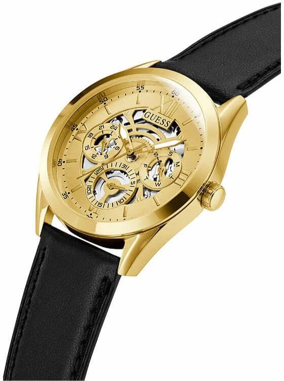 Cadran Guess GW0389G2 à index bâtons et aiguilles dorés, guichet date à 3h, finition soleillée