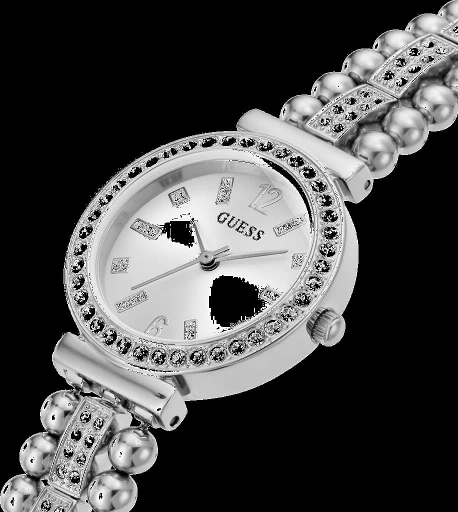 Boîtier Guess GW0401L1 en acier argenté, lunette sertie de strass, vue profil fin et élégant
