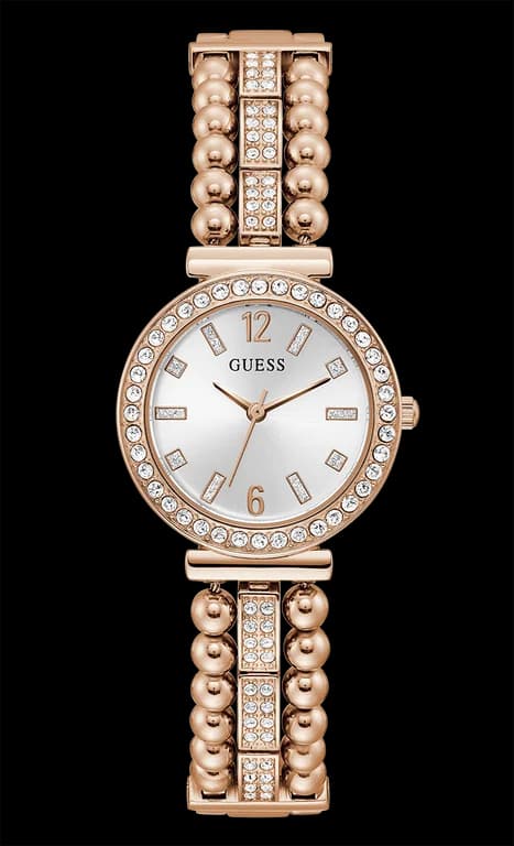 Montre Guess GW0401L3 au cadran blanc nacré, aiguilles dorées et index strass, style chic et lumineux