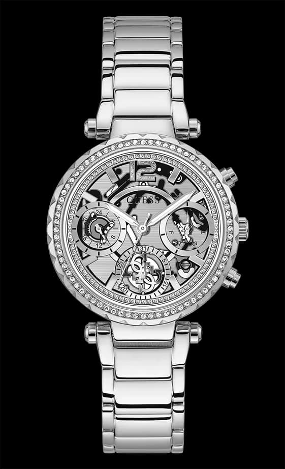 Montre Guess GW0403L1 en acier argenté avec cadran squelette dévoilant le mouvement, style élégant et moderne