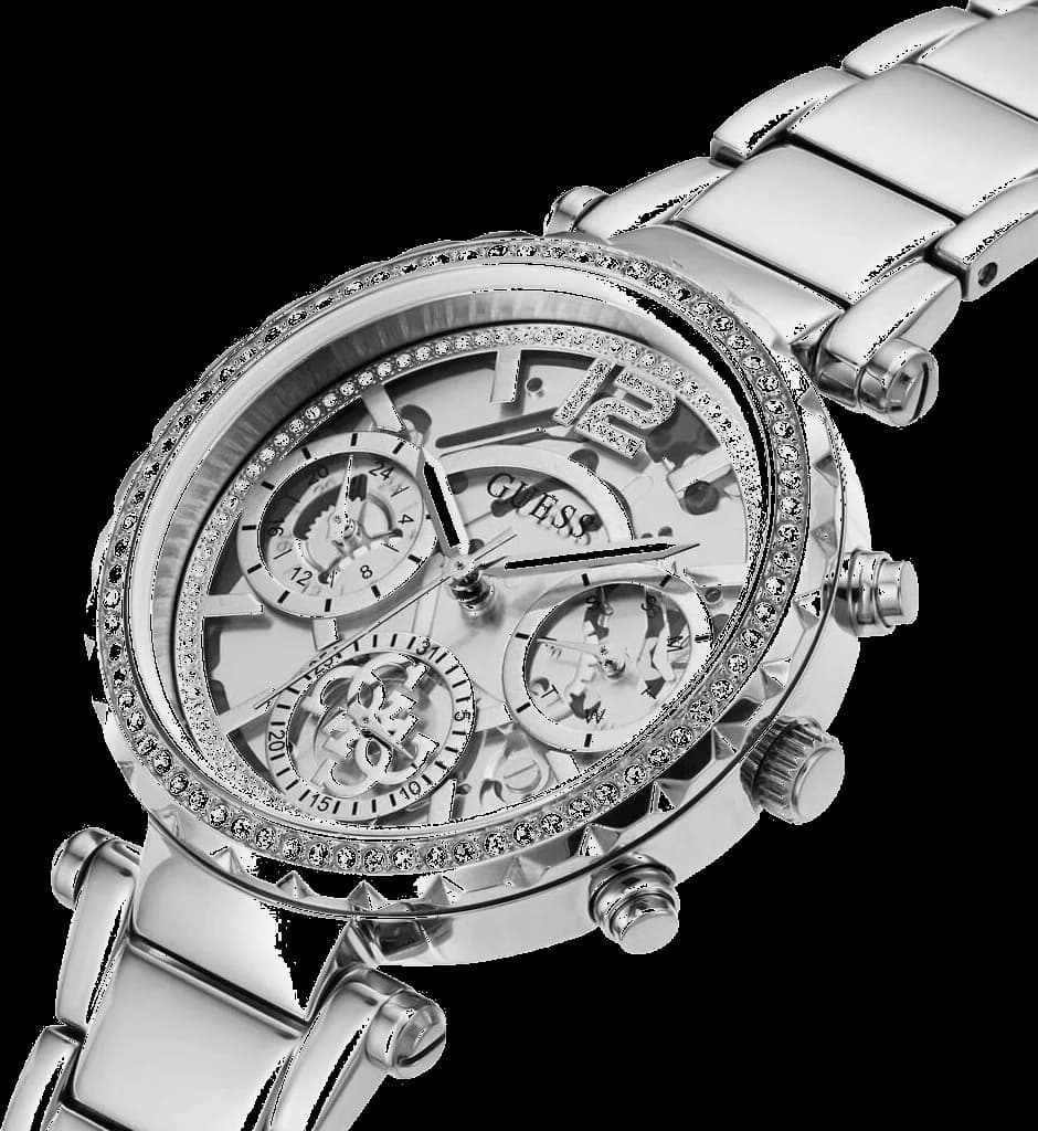 Cadran Guess GW0403L1 squelette avec index argentés et aiguilles fines, ouverture sur le mécanisme automatique