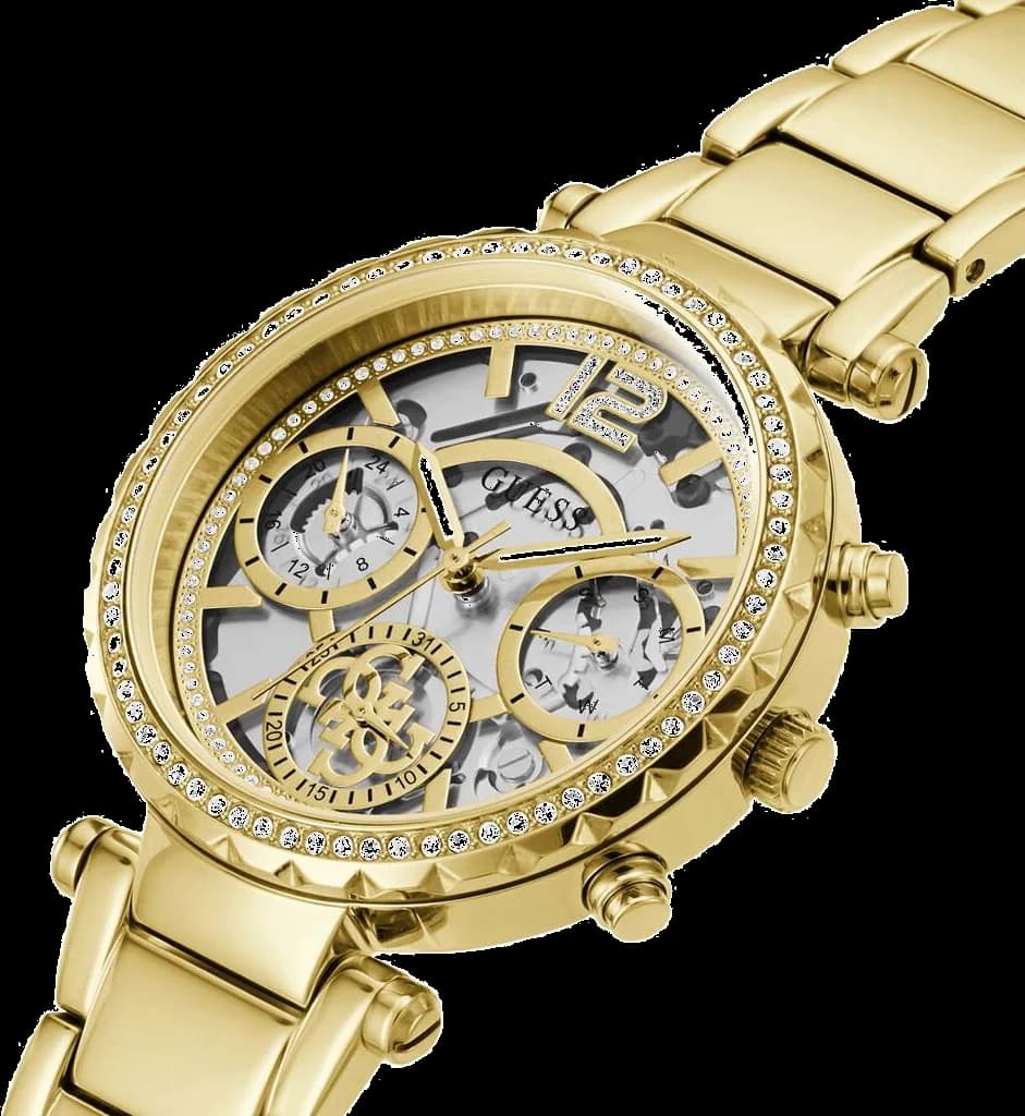 Cadran Guess GW0403L2 squelette révèle le mouvement, aiguilles dorées, index bâtons, design sophistiqué