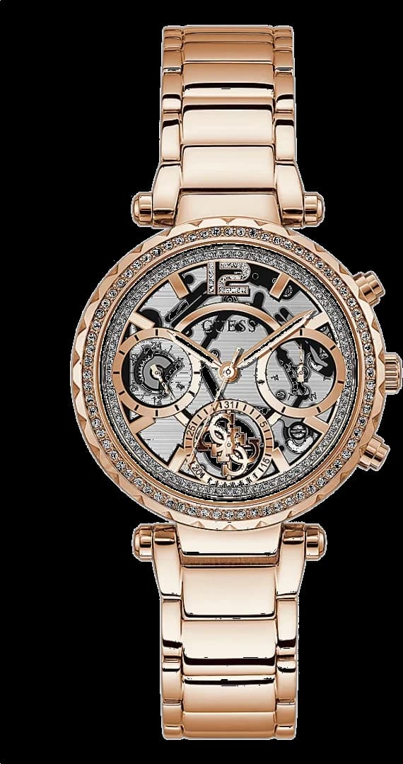 Montre Guess GW0403L3 au cadran squelette rose gold, aiguilles dorées, style femme élégant