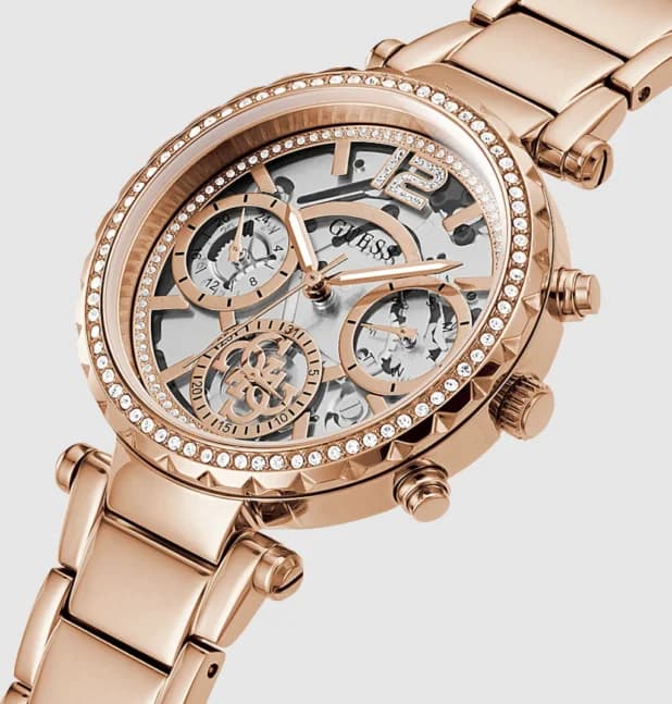 Boîtier Guess GW0403L3 rond en acier rose gold 37 mm, lunette lisse, verre minéral, profil fin