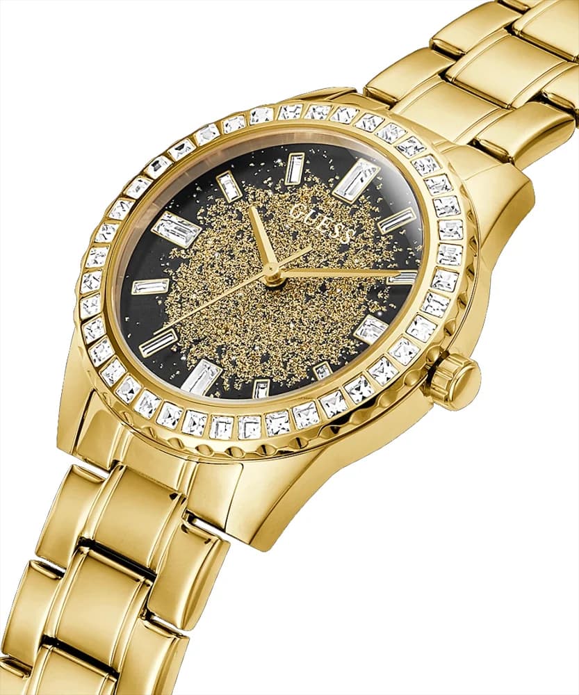 Cadran Guess GW0405L2 avec index à strass et aiguilles dorées, complications date et quartz