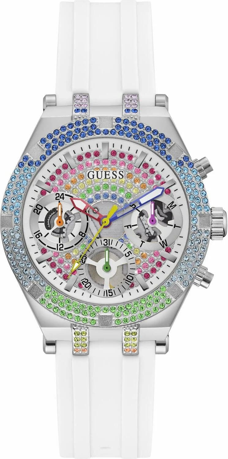 Montre Guess GW0407L4 au cadran blanc orné de cristaux multicolores, style glamour et féminin