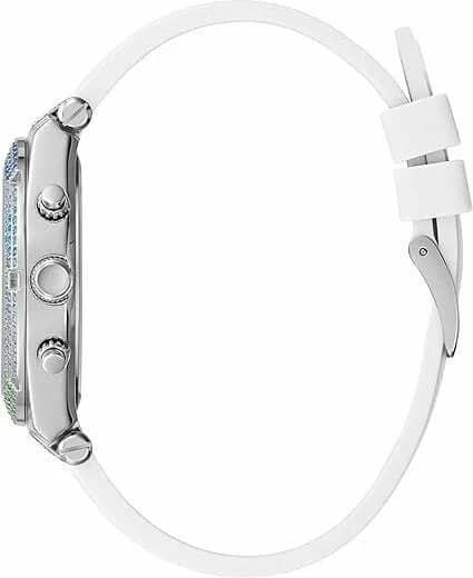 Cadran Guess GW0407L4 avec index baguette et aiguilles dorées, cristaux multicolores sur la couronne