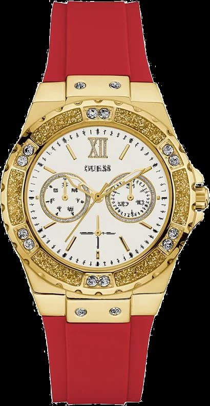 Montre Guess GW0431L1 au cadran rouge soleil, index appliqués et aiguilles argentées, style glamour moderne