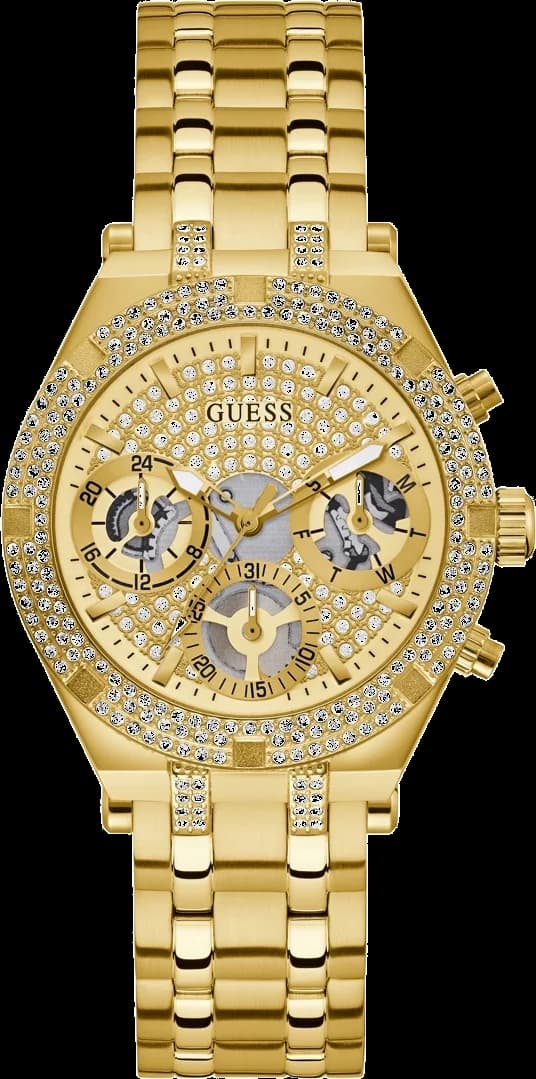 Montre Guess GW0440L2 en acier doré avec cadran squelette laissant voir le mouvement, style chic et moderne