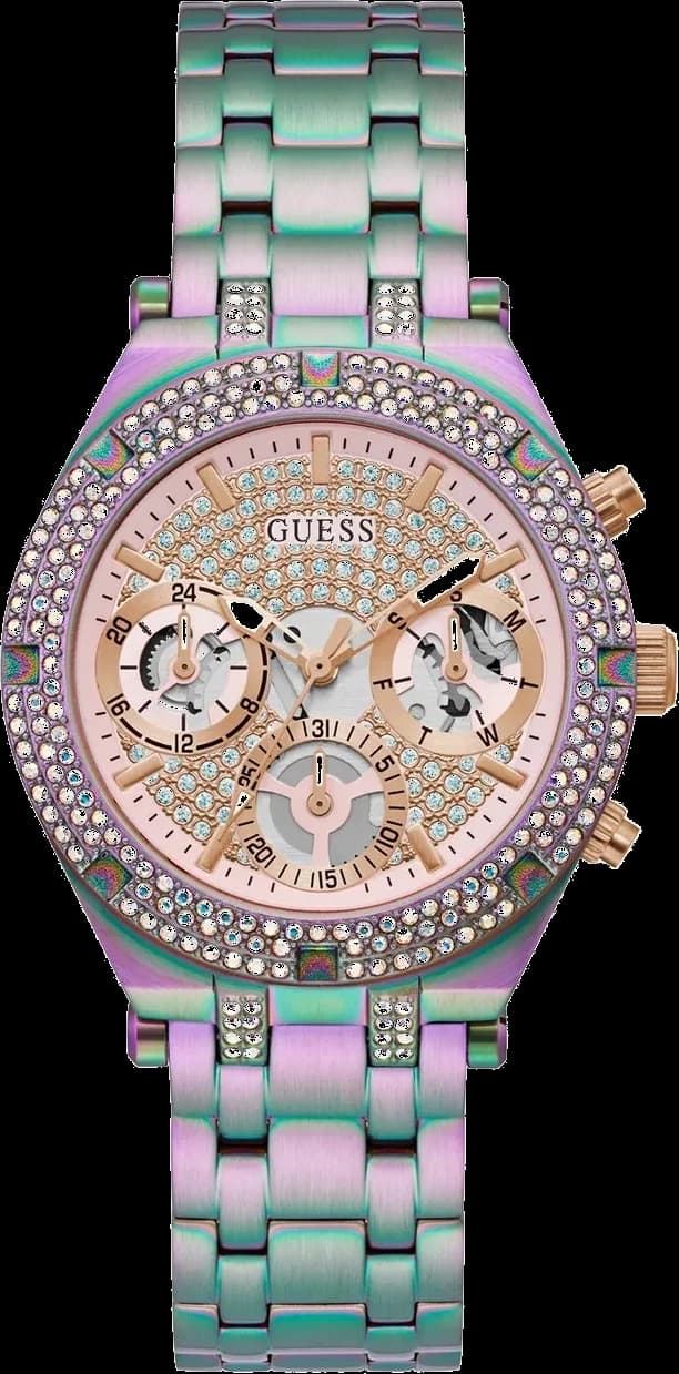 Montre Guess GW0440L3 avec cadran violet irisé et index baguette multicolores, style chic et lumineux