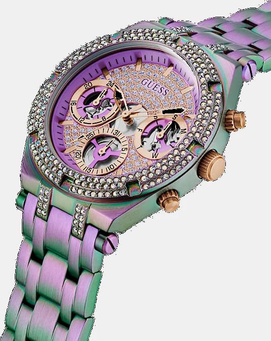 Cadran Guess GW0440L3 violet irisé orné d'index baguette multicolores et aiguilles argentées, finition éclatante
