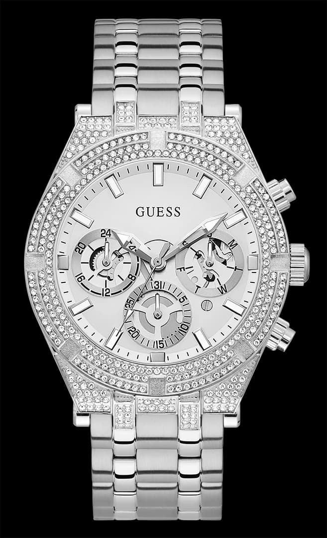 Montre Guess GW0455G1 au cadran argenté lumineux et lunette scintillante, style élégant et moderne
