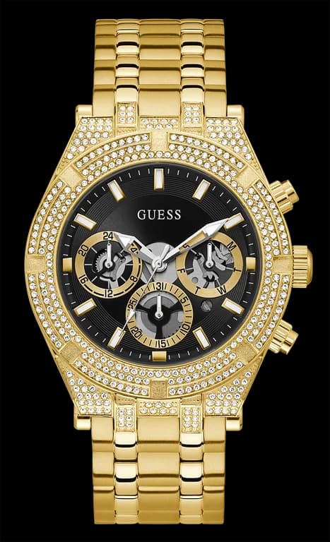 Montre Guess GW0455G2 au cadran blanc nacré et index dorés sur fond lumineux, style chic et féminin