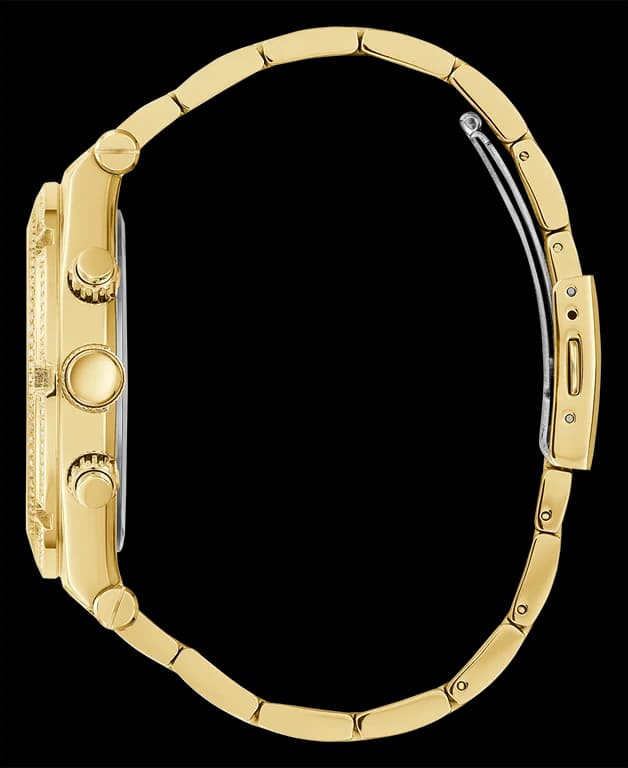 Cadran Guess GW0455G2 avec index bâtons dorés, aiguilles fines et date à 3h, lisibilité élégante