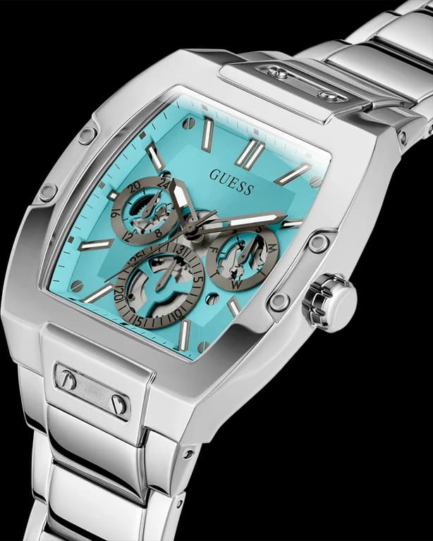 Cadran Guess GW0456G4 turquoise soleil avec index appliqués et aiguilles argentées, date à 3h, design épuré