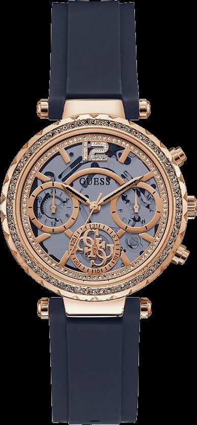 Montre Guess GW0484L2 au cadran squelette noir et or, aiguilles dorées sur fond sombre, style moderne et chic