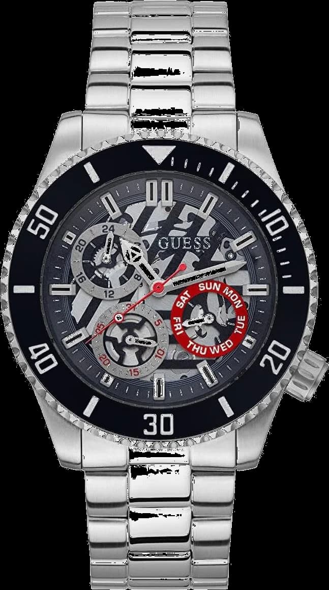 Montre Guess GW0488G1 avec cadran noir soleil, index dorés et aiguilles bâtons, style chic et moderne