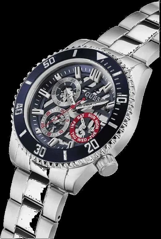 Cadran Guess GW0488G1 aux index appliqués dorés, aiguilles dauphine et guichet date à 4h, complication jour mois