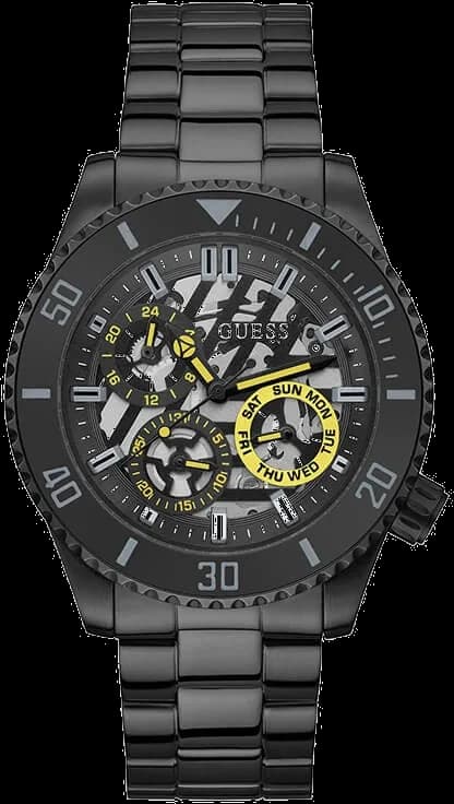 Montre Guess GW0488G3 noir avec cadran noir soleillé et index argentés, style sport chic