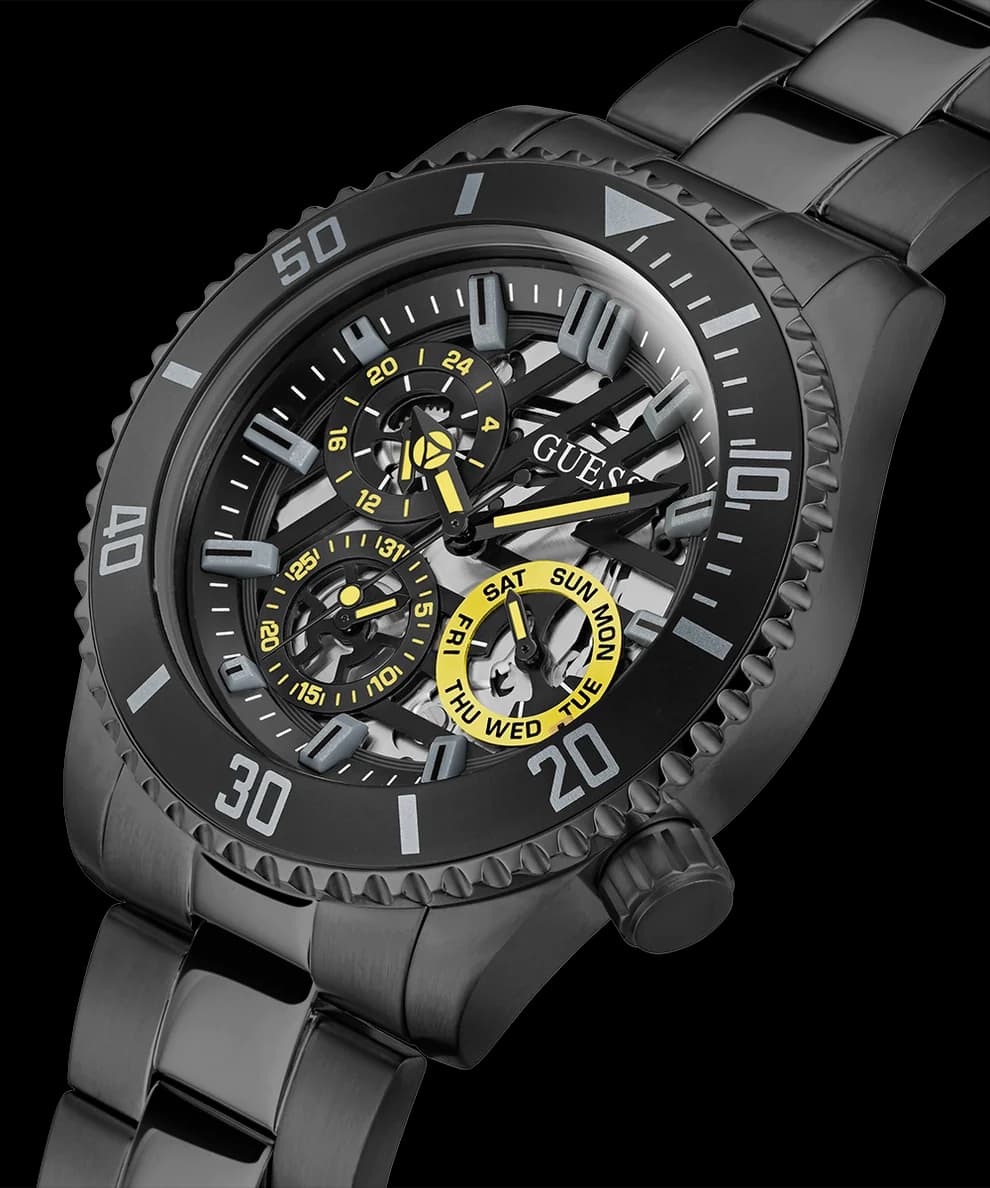 Cadran Guess GW0488G3 noir soleillé avec index bâtons appliqués, aiguilles luminescentes et date à 3h