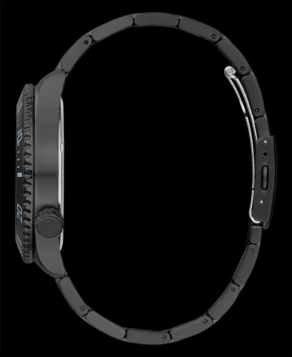 Boîtier Guess GW0488G3 en acier noir de 44 mm, lunette lisse et verre minéral, couronne crantée