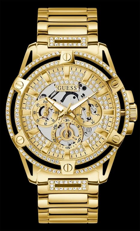 Montre Guess GW0497G2 avec cadran blanc nacré, index dorés et aiguilles dorées, style élégant et raffiné