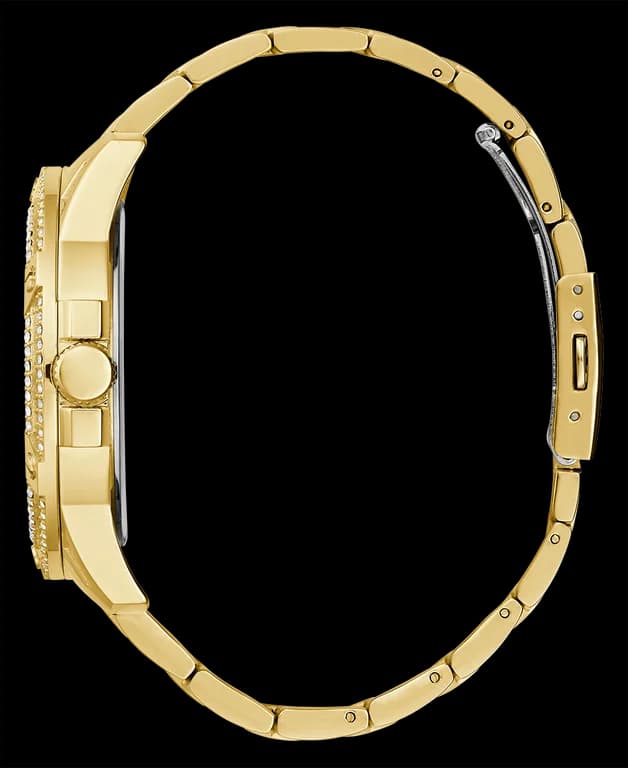 Boîtier Guess GW0497G2 en acier doré de forme tonneau, lunette sertie de strass, verre minéral, profil épais et luxueux