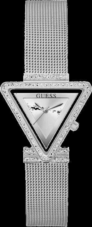 Montre Guess GW0508L1 au cadran blanc orné d'index dorés, bracelet argent maillé, style chic et lumineux
