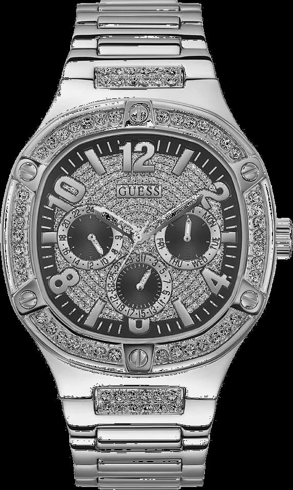 Montre Guess GW0576G1 au cadran blanc orné de strass, aiguilles dorées et index argentés, style chic et lumineux