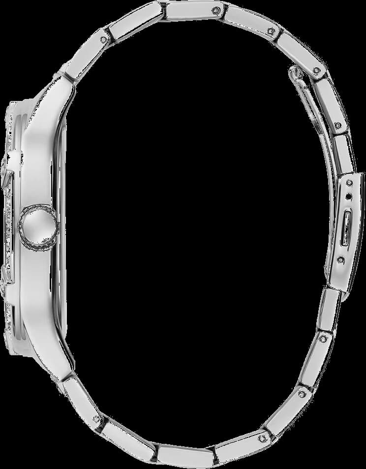 Cadran Guess GW0576G1 blanc avec index bâtons et aiguilles dorées, guichet date à 3h, finition brillante et raffinée