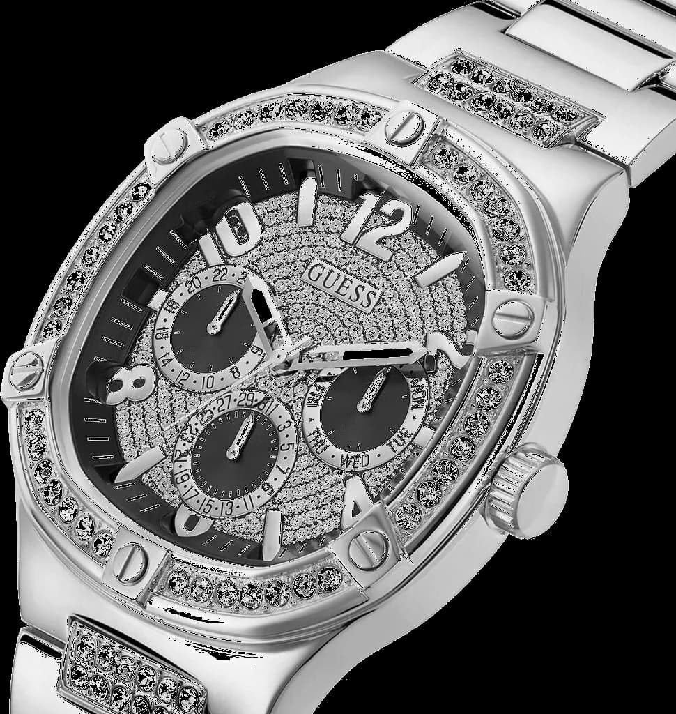 Boîtier Guess GW0576G1 rond en acier argenté avec lunette sertie de strass, verre minéral, profil fin et sophistiqué